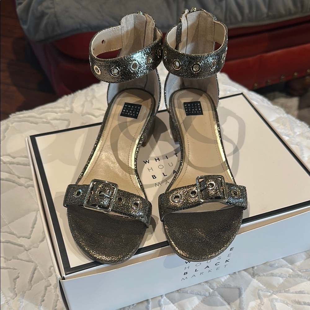 White House Black Market Gold Sandals with Ankle Strap and Embellishments